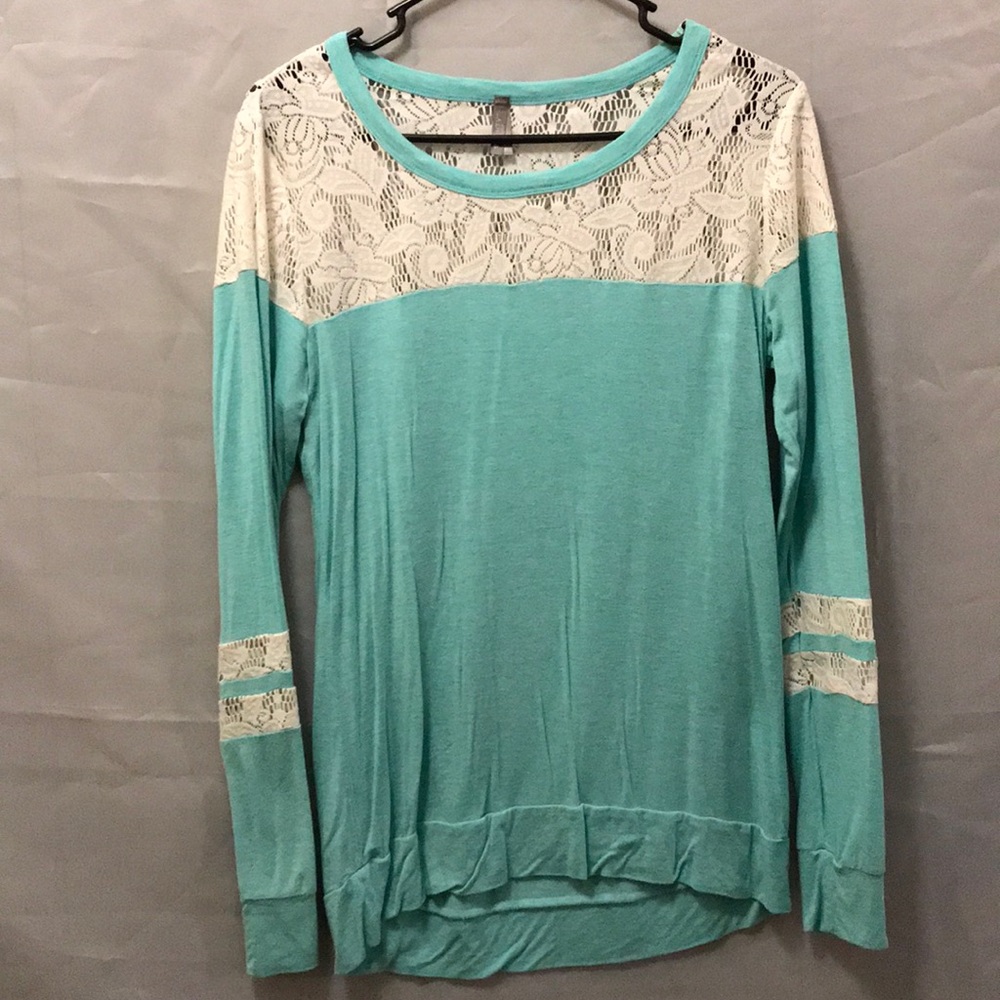 Teal soft long sleeve with white lace